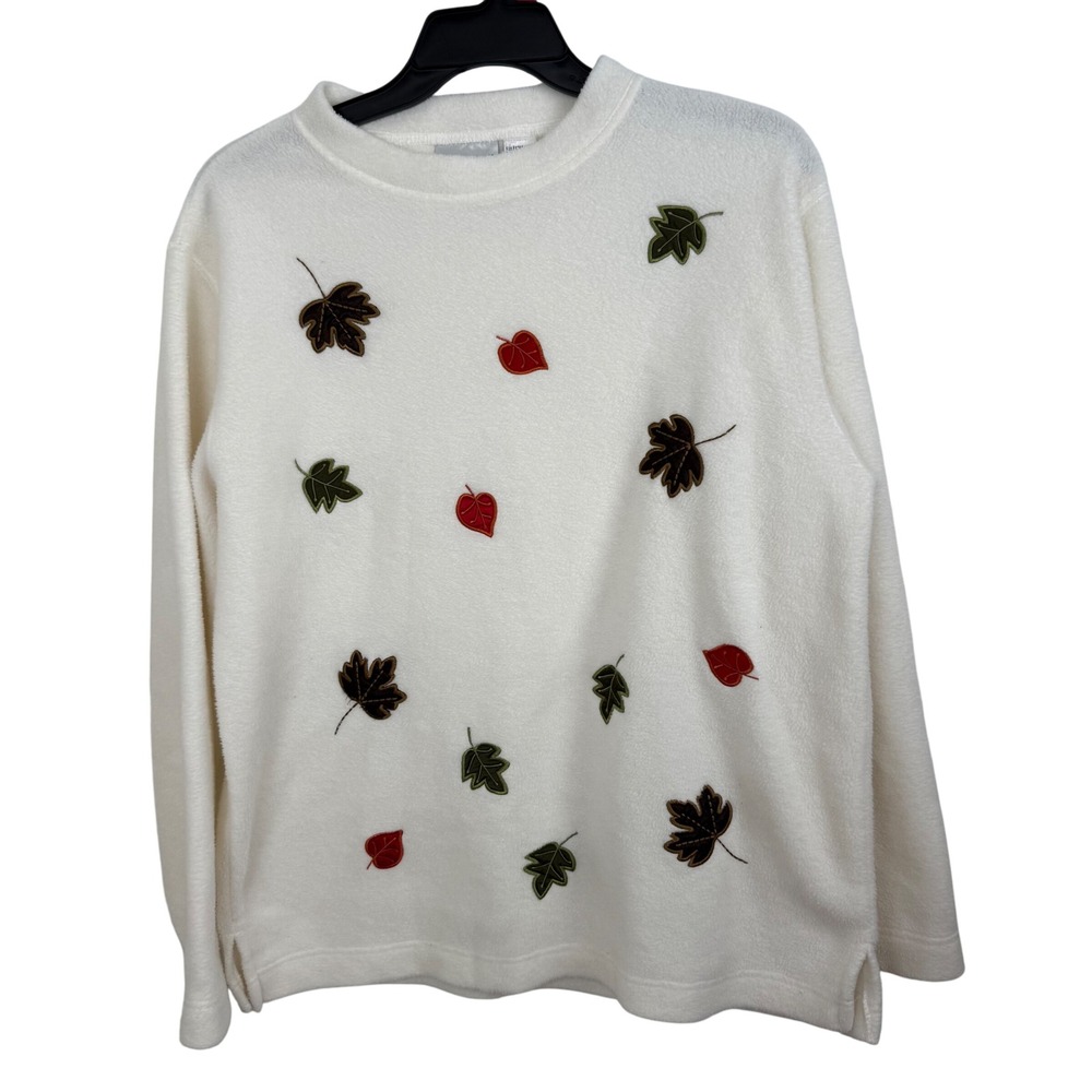 Vintage Style Fall Leaf Fleece Sweater XL Ivory Cozy Grandma Core Cottagecore